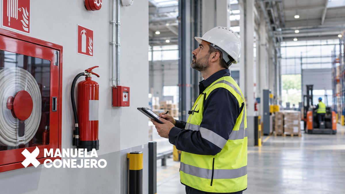 Técnico revisando la adecuación de sistemas contra incendios en una instalación industrial.